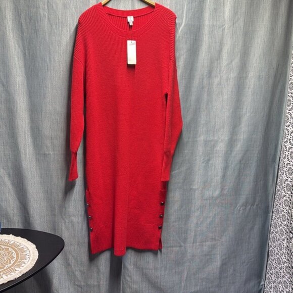 🏁 Tristan Red Knit Sweater Dress with Button Accents size medium NWT - Picture 2 of 9